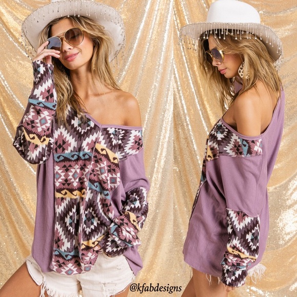 LAST 1! V Neck Mauve/Lilac Mix Aztec Print Soft Color Block Top - Picture 4 of 11
